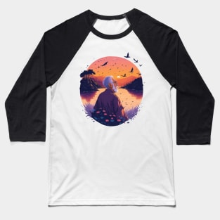 Old Man in a River with a Sunset Baseball T-Shirt